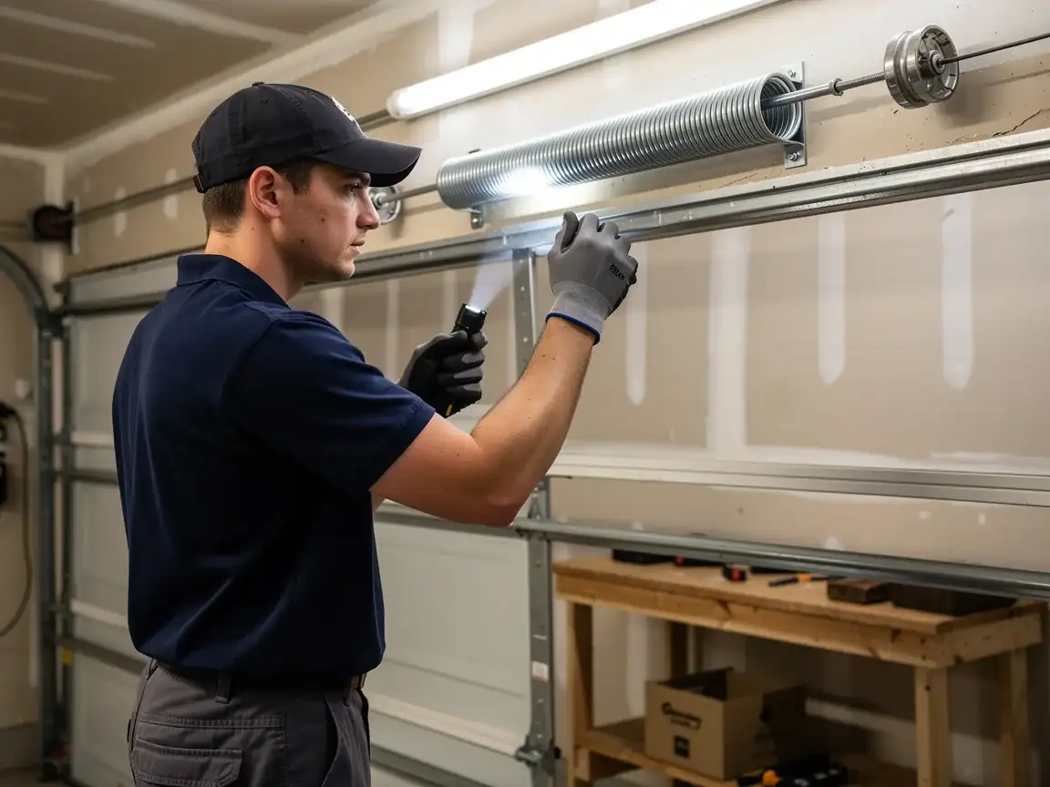 A technician in a cap and gloves inspects a torsion spring with a flashlight.