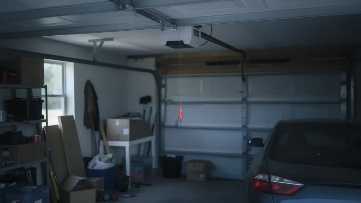 A garage door opener is mounted to the ceiling with a red emergency release cord.