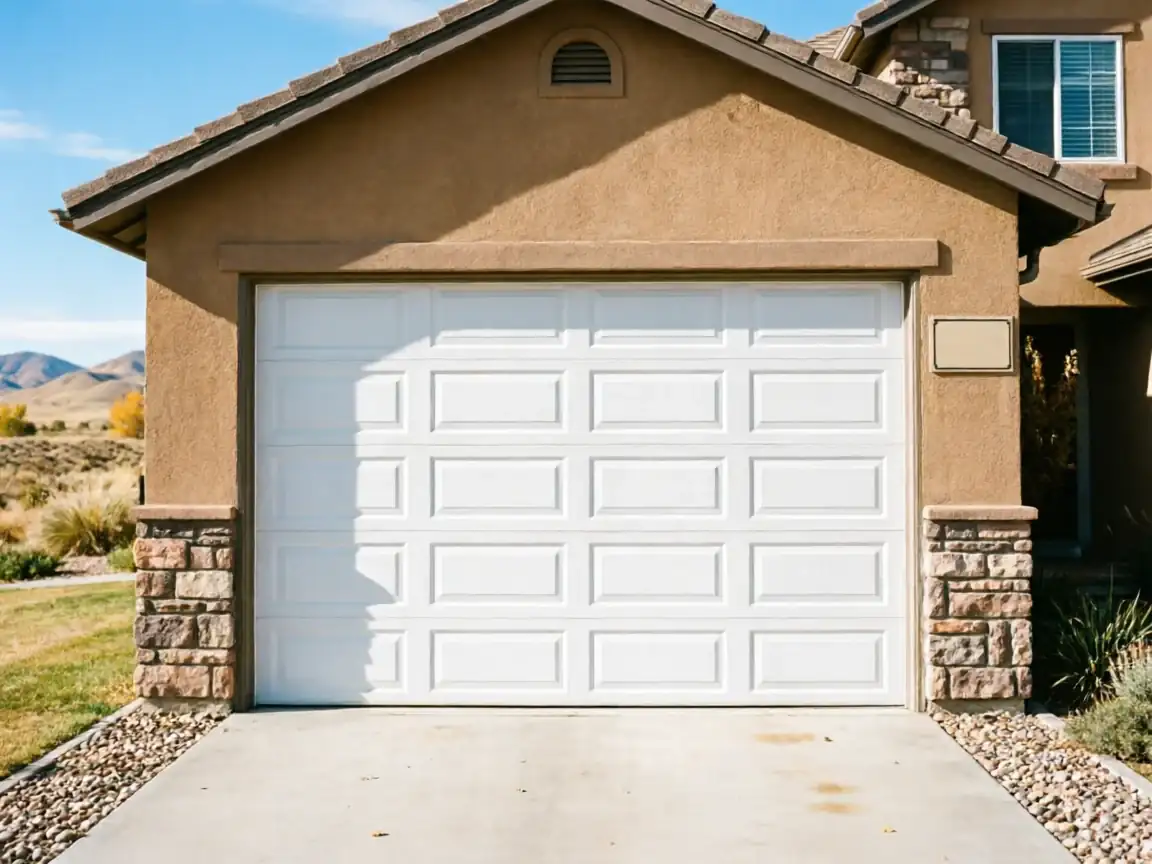 A white panel garage door is on a tan house with stone accents.